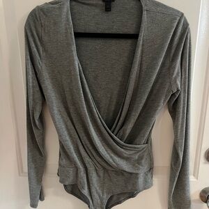 J. Crew Gray Wrap Bodysuit with Long Sleeves